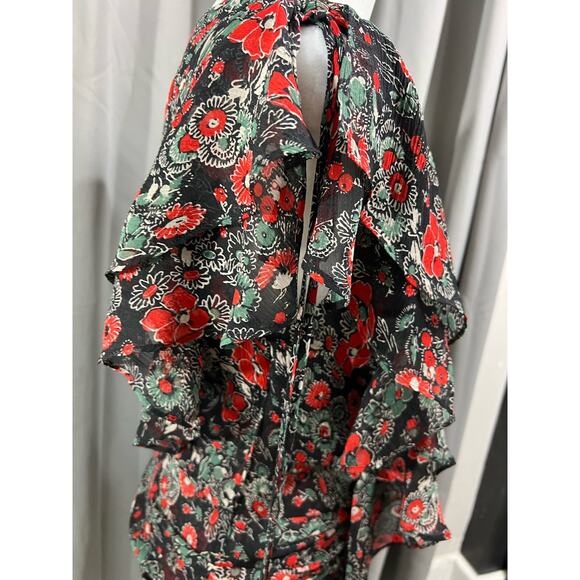 Veronica Beard Black and Red Floral Silk Mini Dress With Ruffles sz 2 - Picture 8 of 11